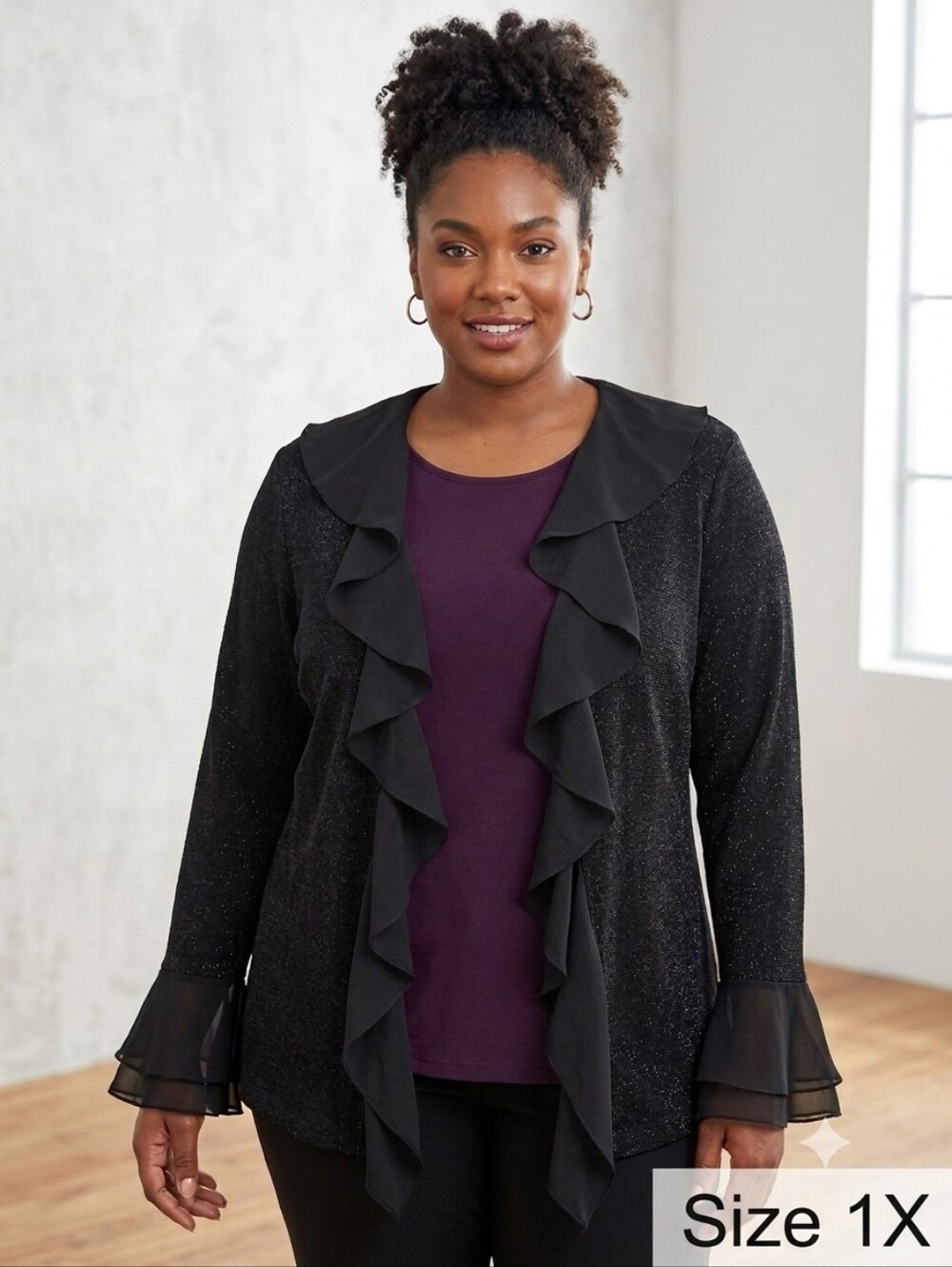 Xscape Black Ruffled Open-Front Cardigan Top with Sheer Ruffle Trim
